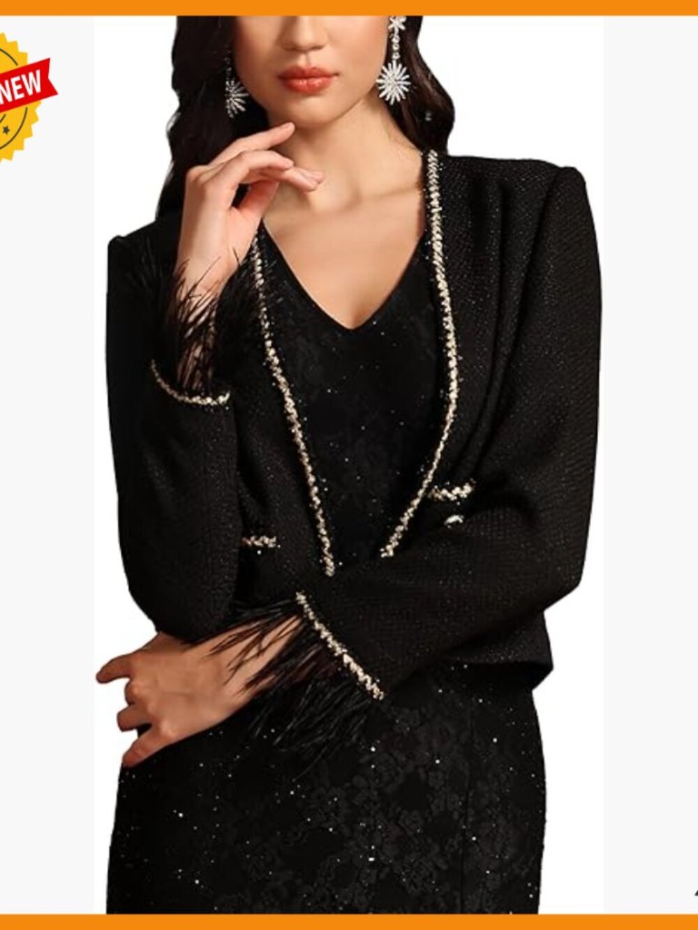 Tweed Cropped Blazer with Feather Trim Pockets Long Sleeve V-Neck